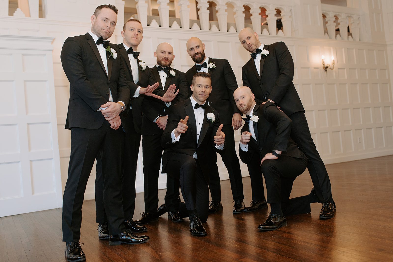 Groom and his six groomsmen pose for the camera inside Alden Castle venue.